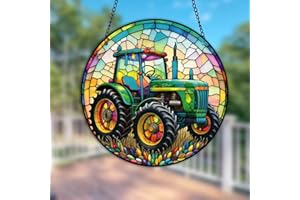 HOTIYOK Farm Tractor Stained Acrylic Window Hangings Panels Ornaments for Indoor Window Birthday Party Decorations Gifts for Mom Father Grandma