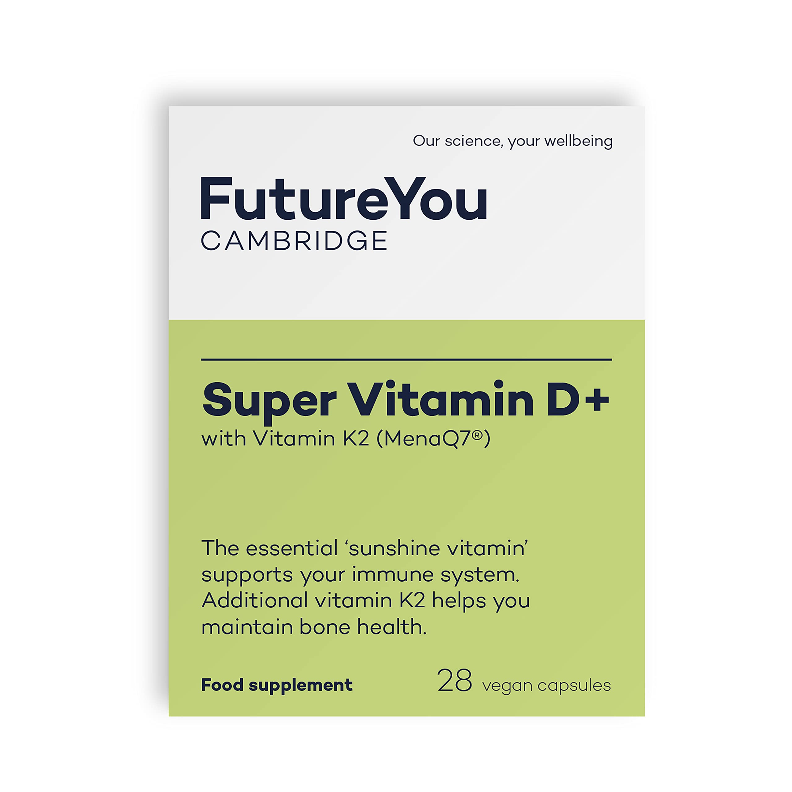 Super Vitamin D+ Supplements – High Strength D3 and K2 Vitamin Capsules for Bone Health and Density – Vitamins for Tiredness and Fatigue – Vitamin D Tablets by FutureYou Cambridge