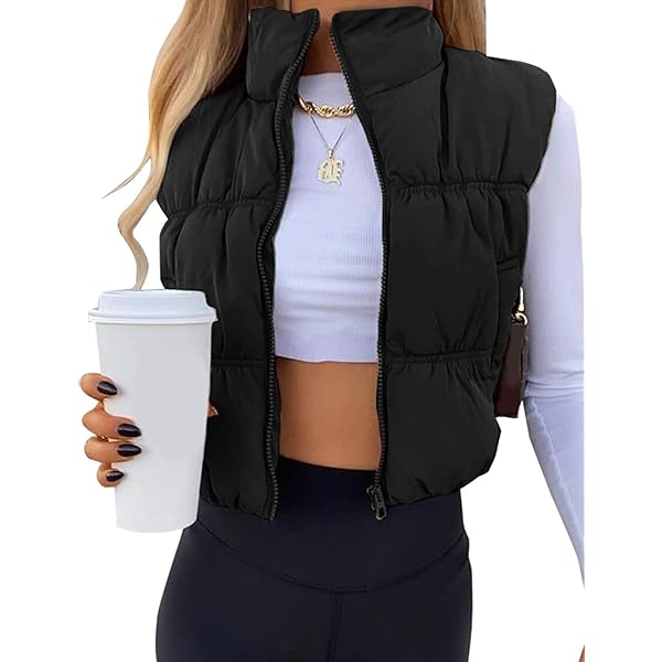 UANEO Womens Cropped Puffer Vest Zip Up Stand Collar Sleeveless