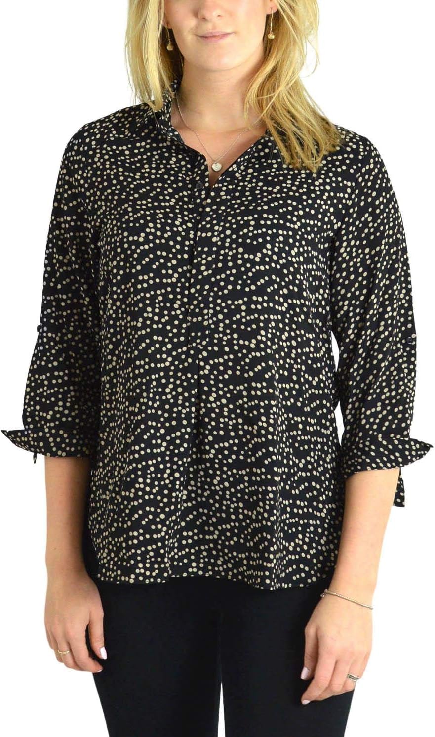 Womens Black White Spot Silky Collar Tunic Shirt