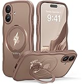 GolbinBox for iPhone 16 Case, [Compatible with Magsafe][360° Spin Magnetic Stand][Military-Grade Protection][Camera Control][Cute Wave Edge] Translucent Matte Women Phone Cover for iPhone 16, Brown