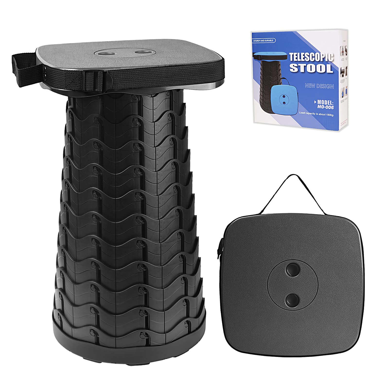 FIEMACH Upgraded Portable Telescopic Stool with Larger Seat - Retractable Square Camping Stool for Adults, Telescoping Collapsible Lightweight Compact Stool (Black)