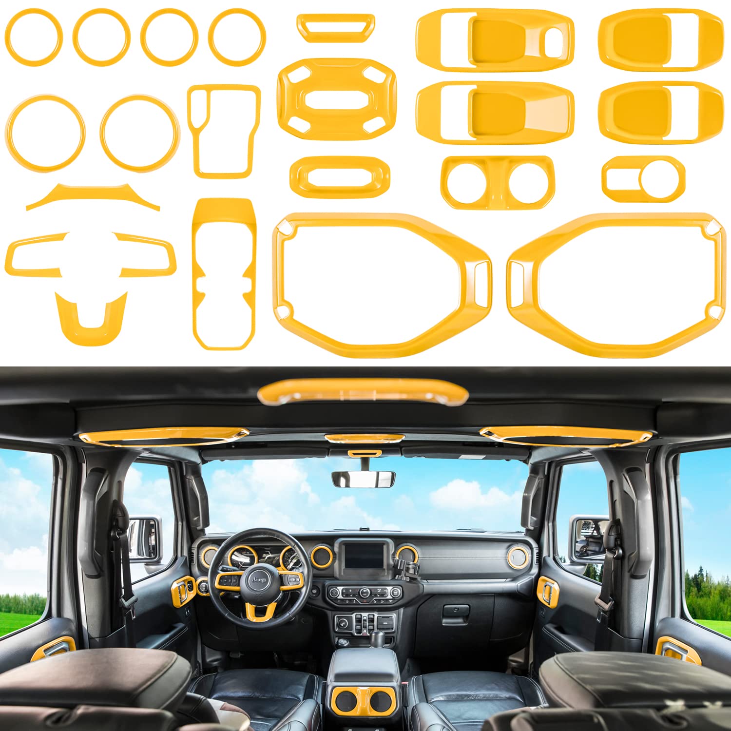 Photo 1 of 23PCS Full Set Interior Decoration Trim Kit for Jeep Wrangler JL JLU Gladiator JT 2018-2023 Steering Wheel Door Handle Air Conditioning Vent Cup Holder Reading Light Headlight Gear Cover (Yellow)