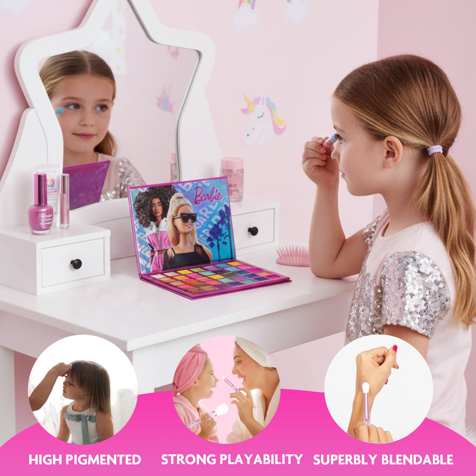 Townley Girl Barbie 35-Well Shadow Palette, Shimmery and Opaque Colors, Pigmented Blendable, 8 Application Brushes Ages 8+, Perfect for Parties, Sleepovers & Makeovers, By Townley Girl