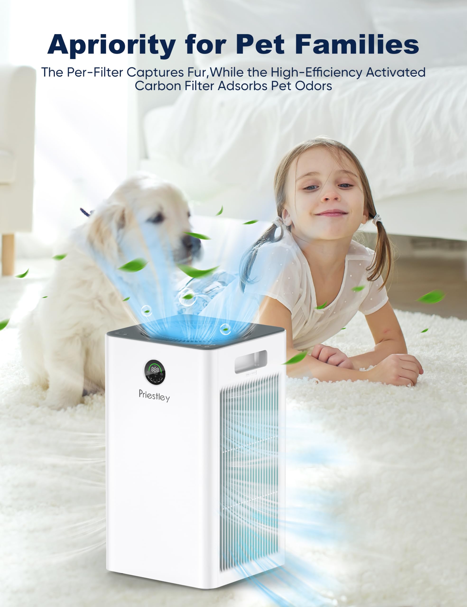 Priestley Air Purifiers for Home Large Room up to 1500 sq ft, Smart Control Air Purifier, True HEPA Filter Air Cleaner Removes 99.97% of Particles, Dust, Allergies Pets Odor, 22dB Quiet Sleep Mode