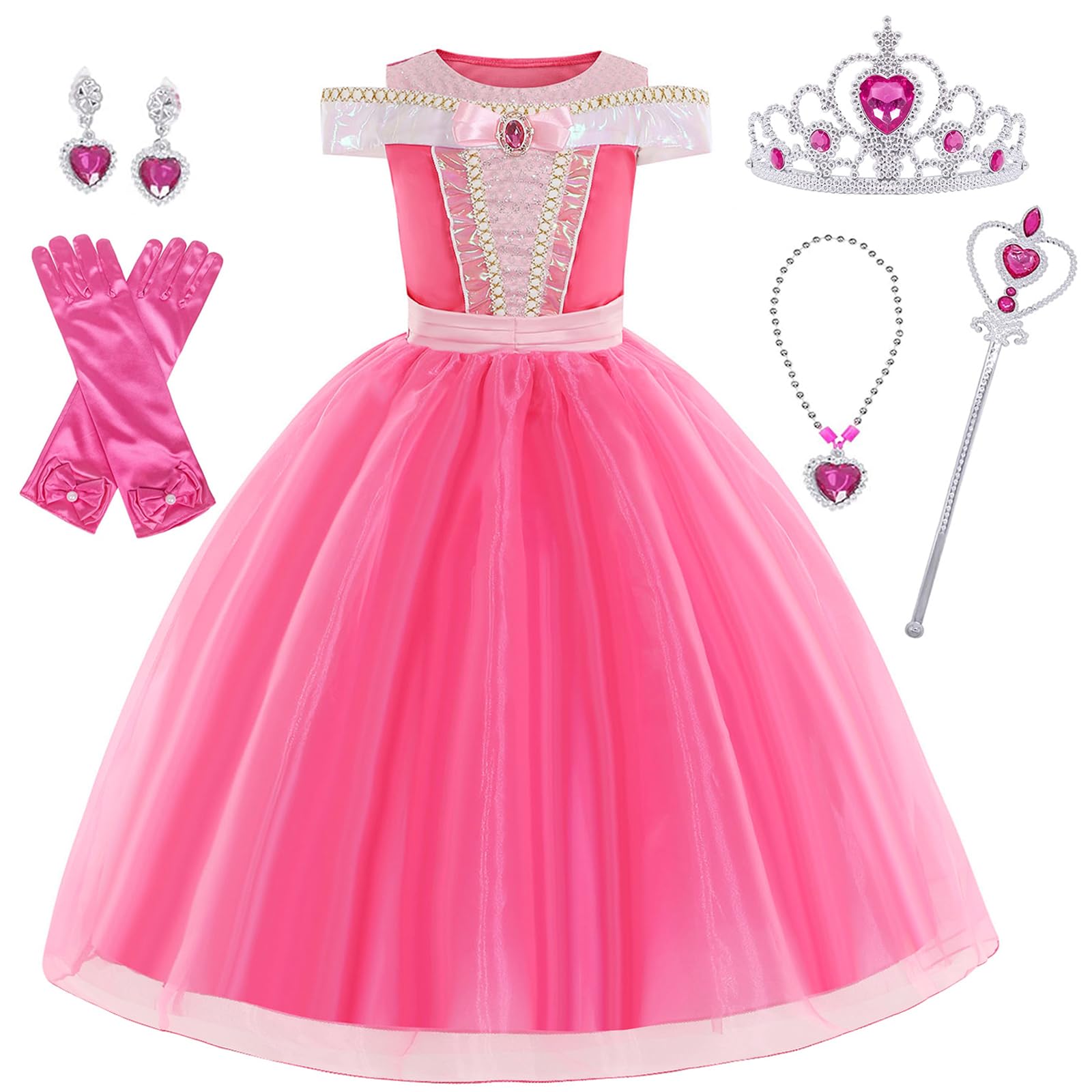 Foierp Girls Pink Princess Costume with Crown, Wand, Necklace, Earrings and Gloves - Fancy Dress for Birthday Party, Halloween, Pageant and Cosplay