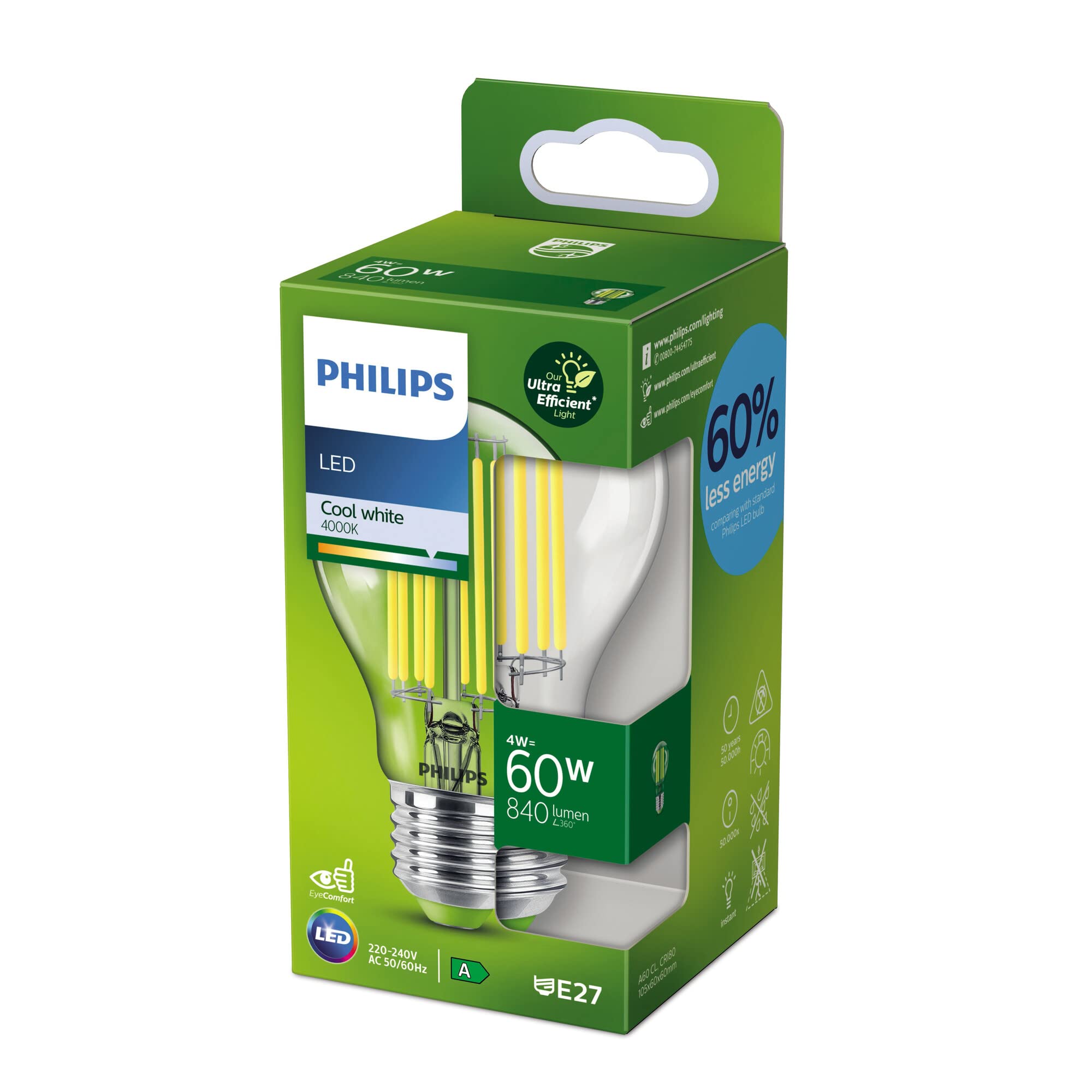 Philips LED Ultra Efficient Light Bulb A Label Energy Rating [Cool White 4000K - E27 Edison Screw] 60W A60 Clear. for Indoor Home Lighting