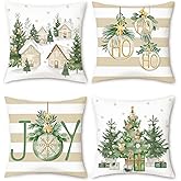 Bonhause Winter Christmas Throw Pillow Covers 18 x 18 Inch Xmas Trees Balls Snowy Houses Snowflakes Brown Decorative Pillow Cases for Couch Sofa Bed Home Holiday Decor Set of 4