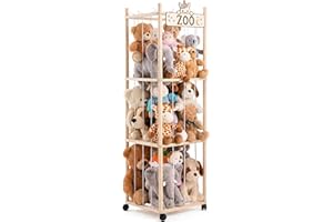 Mustry Stuffed Animal Storage, Wooden Plush Storage with Wheels, Space Save Stuffed Animal Organizer, Large Capacity Stuffy S