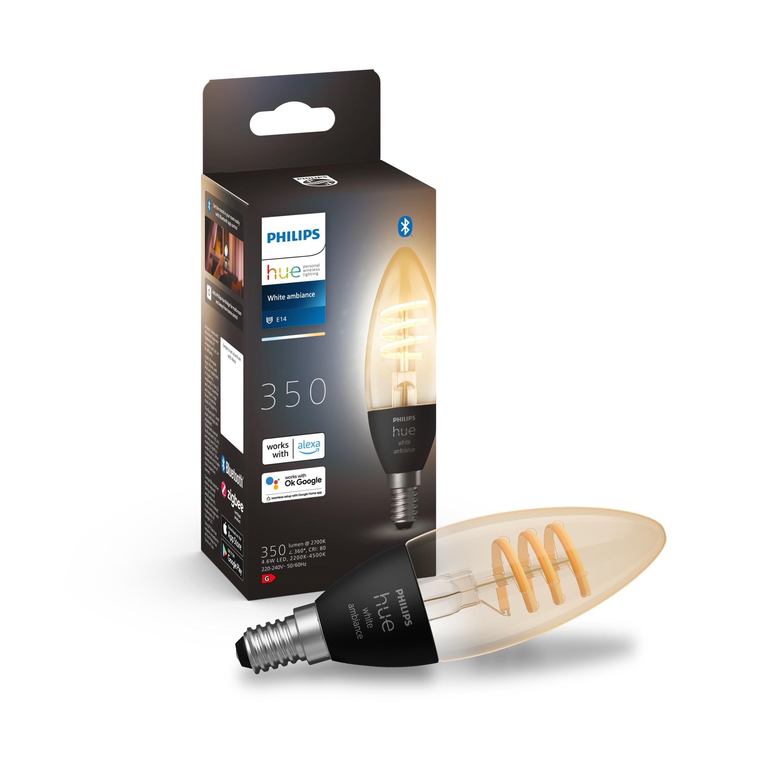 Philips Hue White Ambiance, Ampoule Vintage Filament E14, Compatible Bluetooth, Format Flamme, Fonctionne Avec Alexa, Google Assistant Et Apple Homekit