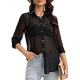MISMI Women Sheer Mesh Button Up Shirt Long Sleeve Sexy See Through Tops Fashion Trendy Mesh Shirts Tops