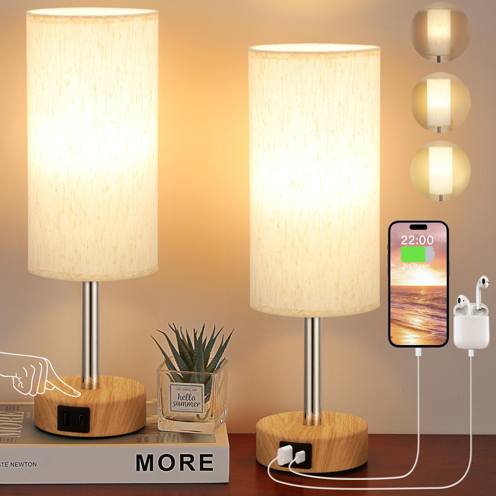 Aooshine Bedside Lamps Set of 2 Touch Table Lamps with USB-C USB-A Charging Ports, 3 Way Dimmable Bedside Lamp for Bedrooms, Small Touch Lamps for Living Room (Bulb Included) — image 1