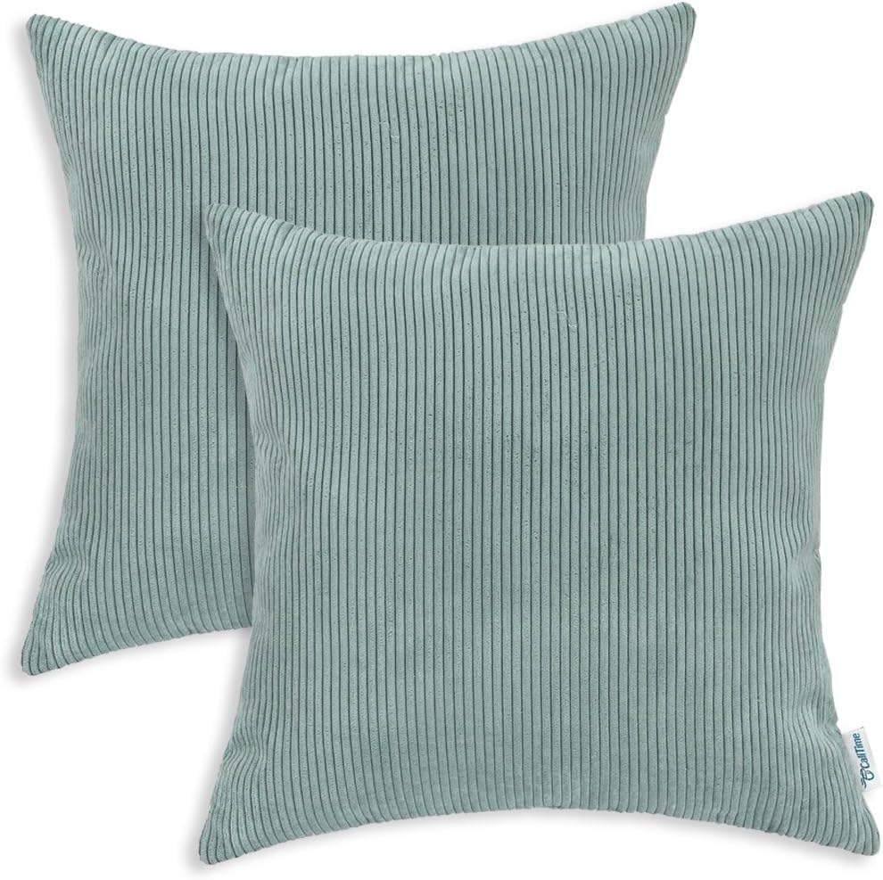 CaliTime Cushion Covers Pack of 2 Cozy Throw Pillow Covers Cases for Couch Bed Sofa Ultra Soft Corduroy Striped Both Sides 40cm x 40cm Duck Egg