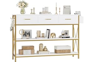 HITHOS 47.2" Console Table with 3 Drawers, Narrow Long Entryway Table with 3-Tier Storage Shelves, Industrial Sofa Foyer Table for Living Room, Hallway, Entry Way, Foyer, Kitchen, White/Gold
