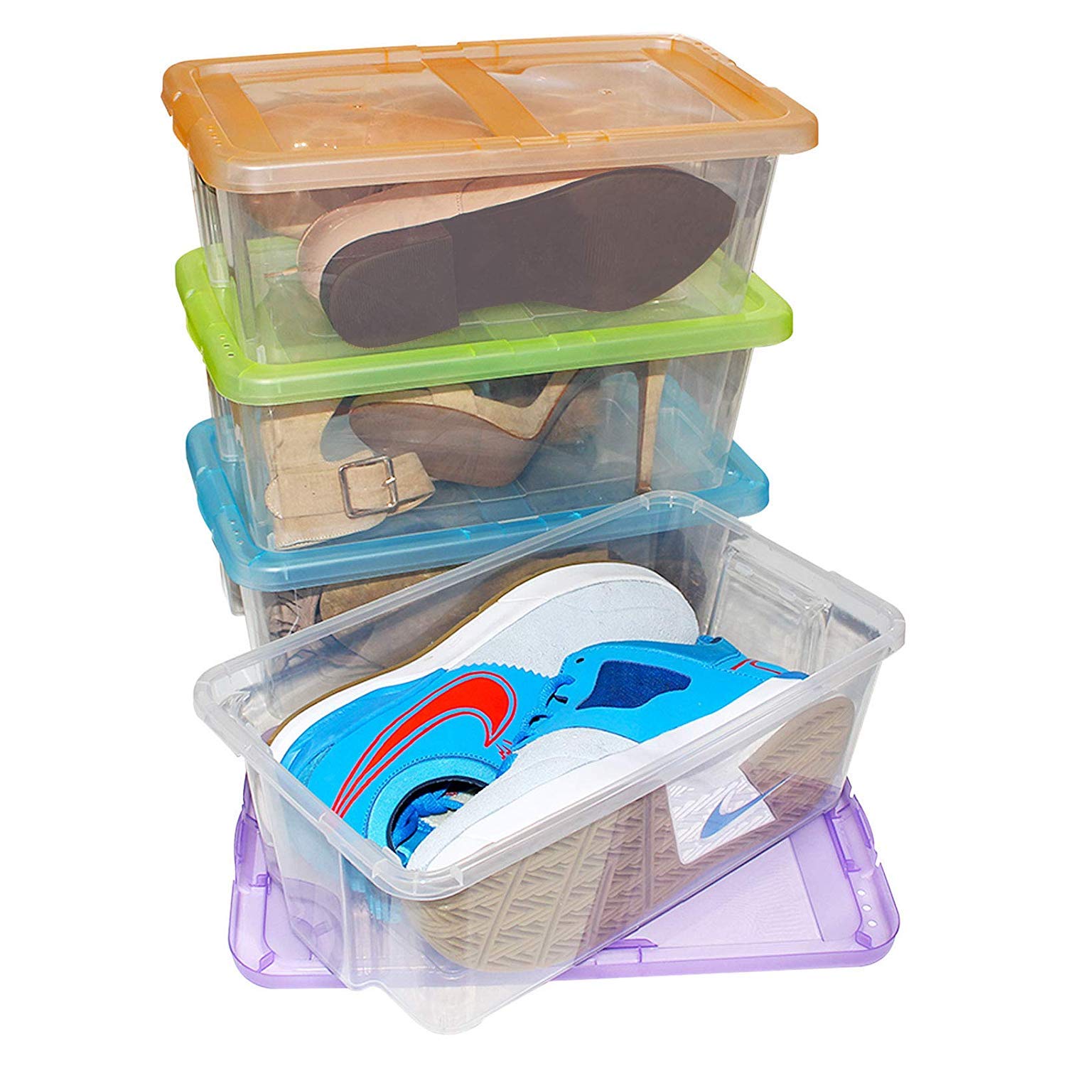 Juego de 4 cajas de plástico duro con tapa. Contiene agujeros para ventilación.