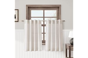 NANSPRING Beige Cafe Tier Curtains 36 Inch Length 2 Panels Semi Sheer Light Filtering Kitchen Window Curtains Over Sink Back Tab Rod Pocket Linen Textured Mini Curtains for Basement Laundry Room 30x36