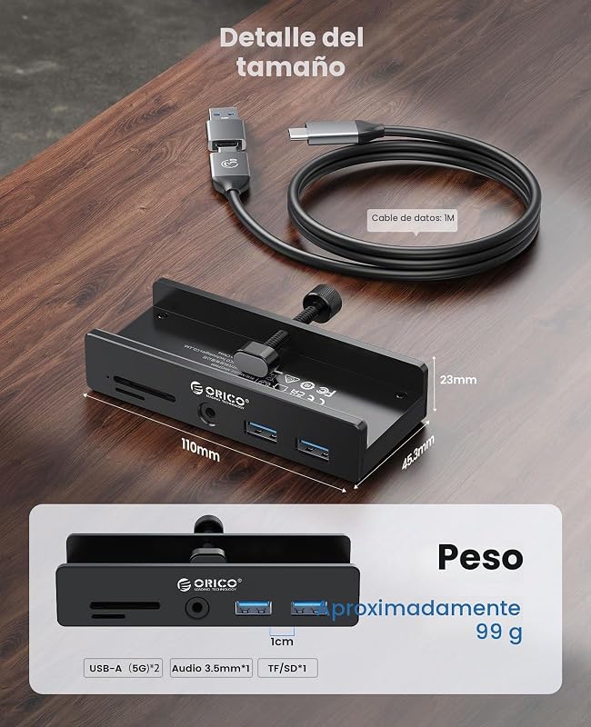 Hub USB 3.0, hub USB clamp com porta de alimentação adicional, adaptador USB C em alumínio com 2 portas de dados USB-A, leitor de cartões AUX SD/TF de 3,5mm para