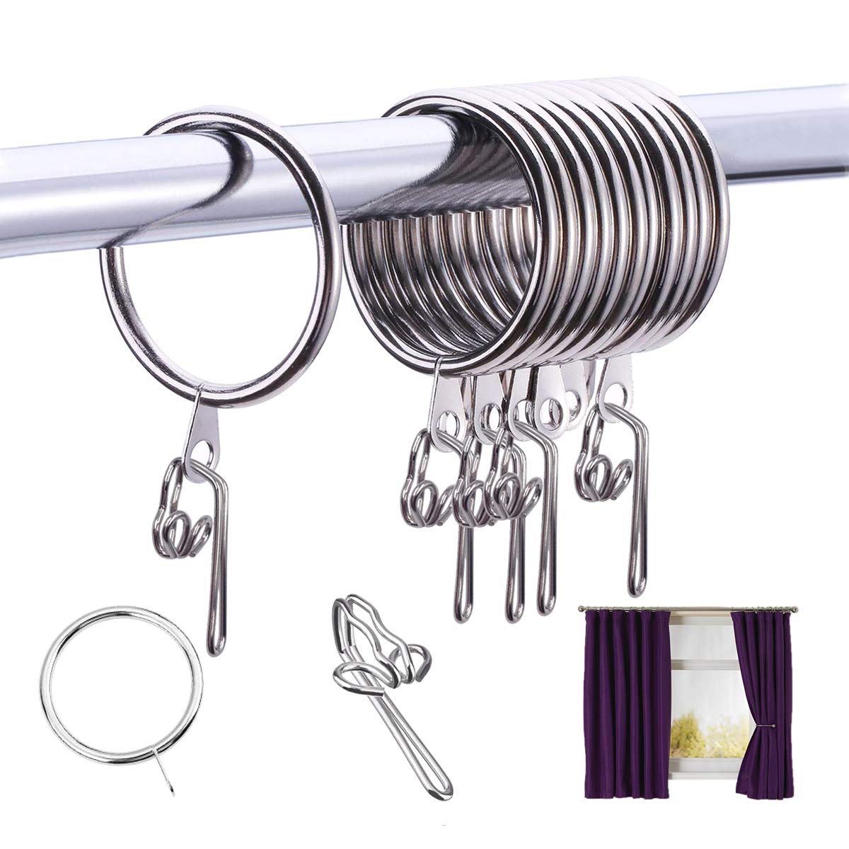 heavenlife 100pcs Curtain Hooks Metal Glider Hooks & 30pcs Shower Drapery Curtain Rings 30mm Hanging Rings for Curtains and Rods, Silver