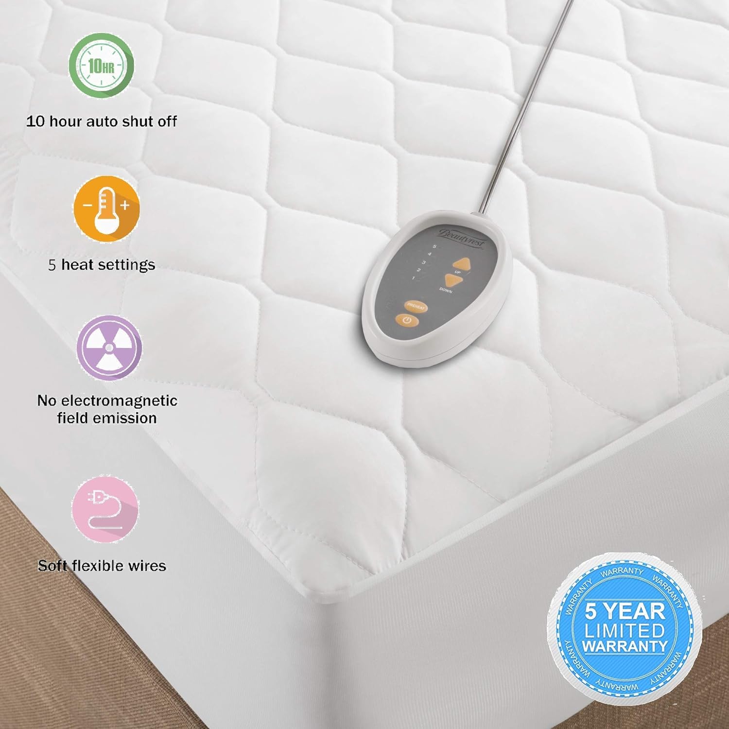 Beautyrest 3M Scotchgard Heated Mattress-Pad Secure Comfort Technology-Luxury Quilted Electric Deep Pocket-5-Setting Controllers, Twin XL, White: Home & Kitchen