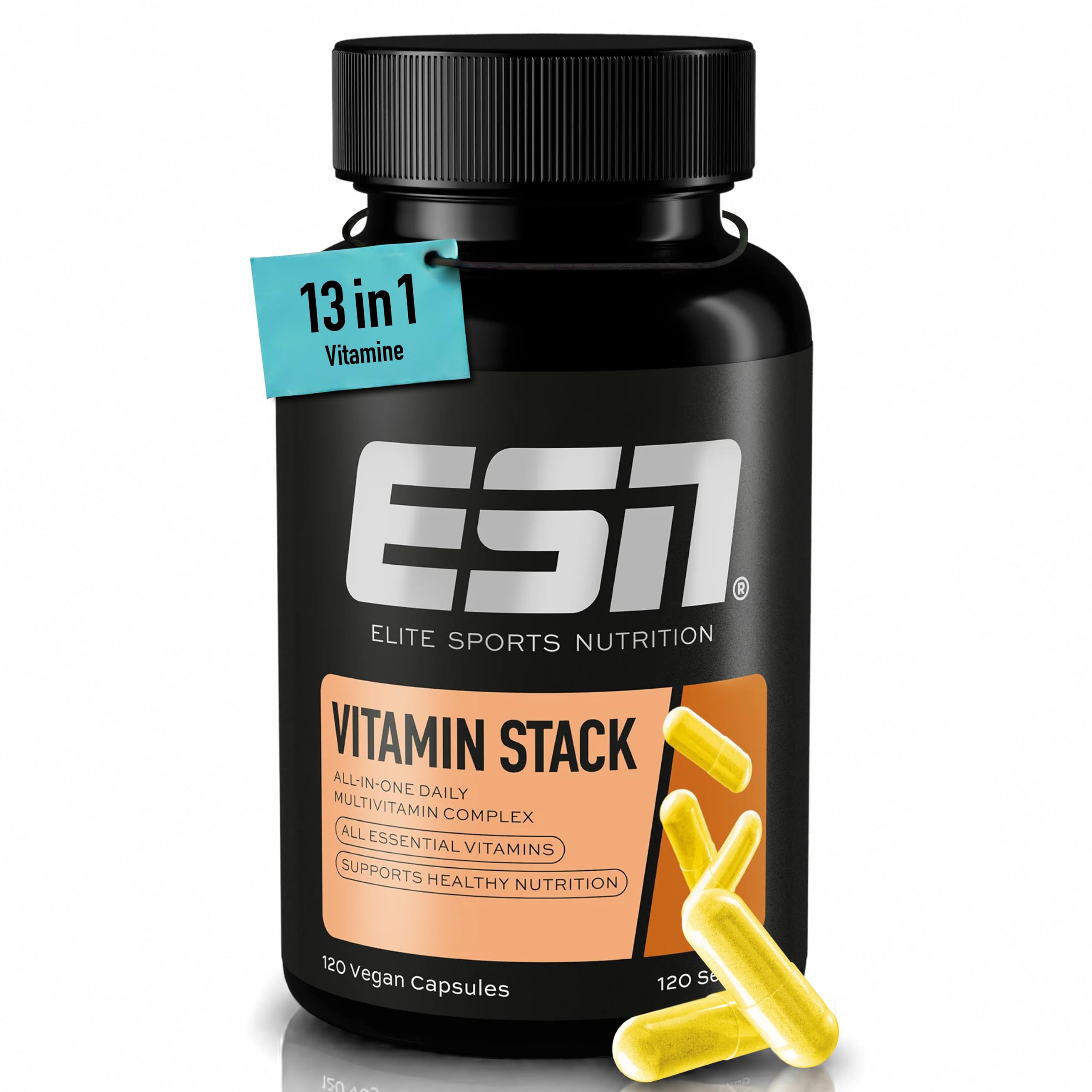 ESN Vitamin Stack - Multivitamin-Komplex mit 13 essentiellen Vitaminen - Vitamine A, C, D, E, K und Vitamin B-Komplex - 120 Kapseln, 120 Portionen