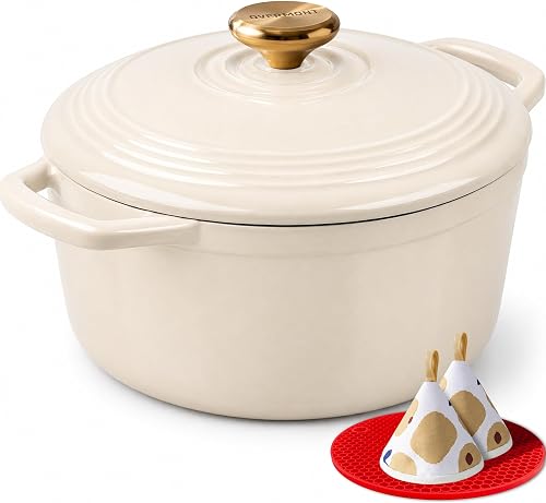 Overmont Enameled Cast Iron Dutch Oven - 5.5QT Pot with Lid Cookbook & Cotton Potholders - Heavy-Duty Cookware for Braising, Stews, Roasting, Sourdough Baking White