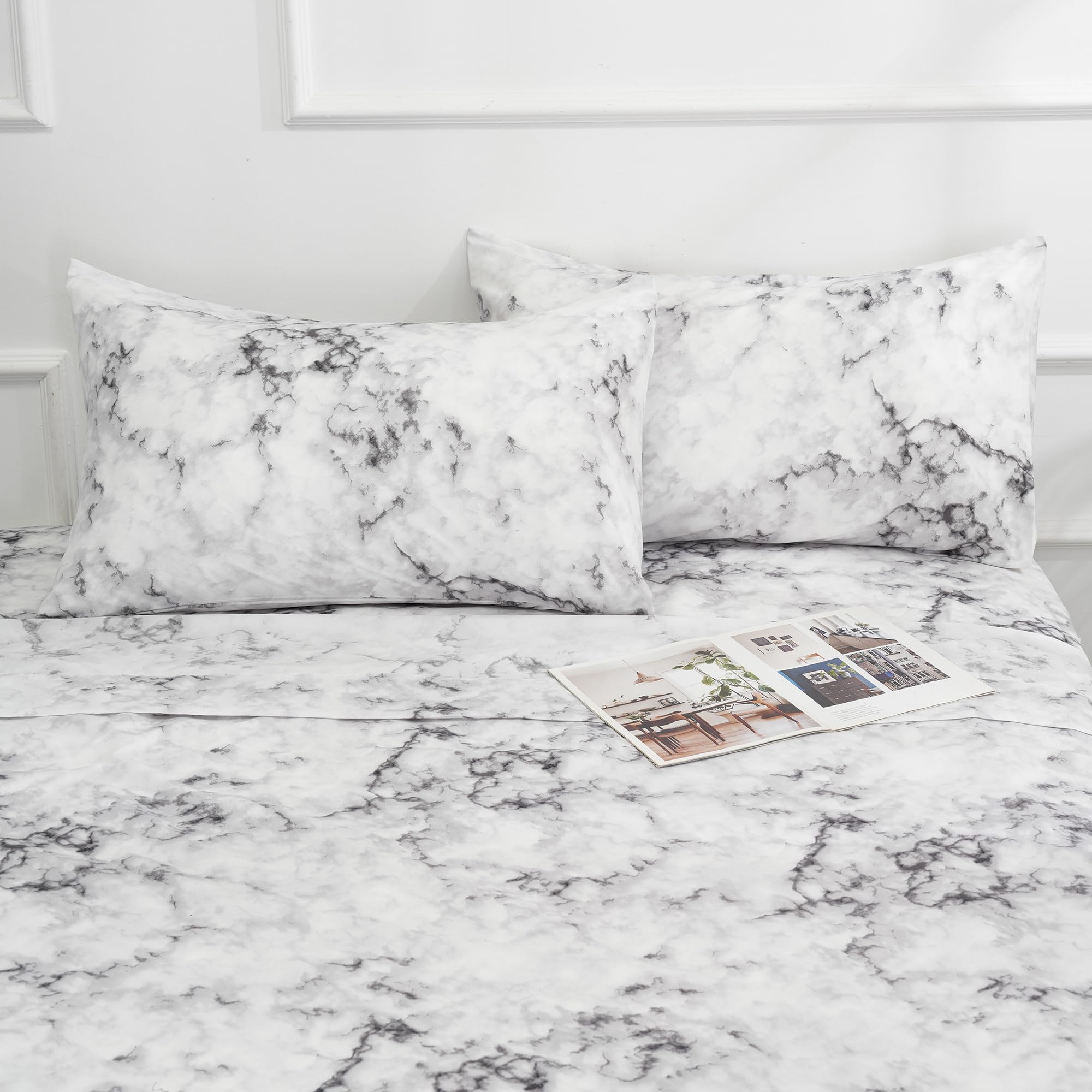 Best Season Bed Sheet Set 4 Pieces -Full Size-Soft Durable Microfiber Bedding Sheet Set,Deep Pocket,Stain,Fade & Wrinkle Resistant(White Marble)