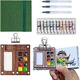 Aimery Mini Watercolor Paint Travel Set, Portable Small Miniature Pocket Water Color Painting Kit with Wooden Palette & Sketchbook(Pine Green)