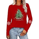 VQD Womens Christmas Long Sleeves Shirts Snowflakes Bow Christmas Tree Long Sleeve T-Shirt Sleigh Xmas Tops