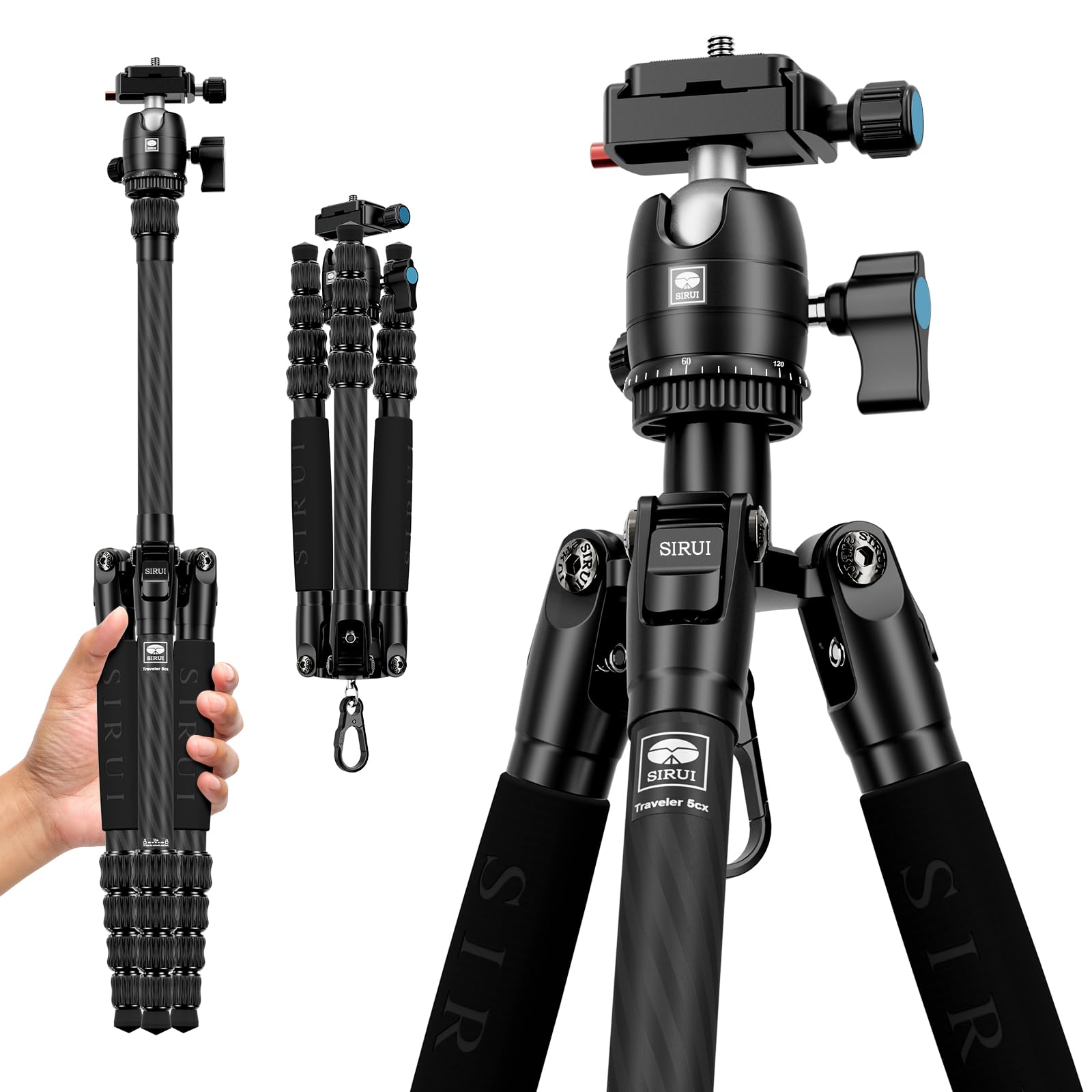 SIRUI Traveler 5CX Carbon Fibre Tripod for Camera, 52" Portable Travel Tripod with 360° Panoramic Ball Head, with Extendable Centre Column for DSLR, Camcorder, Smartphone, Max Load 6kg