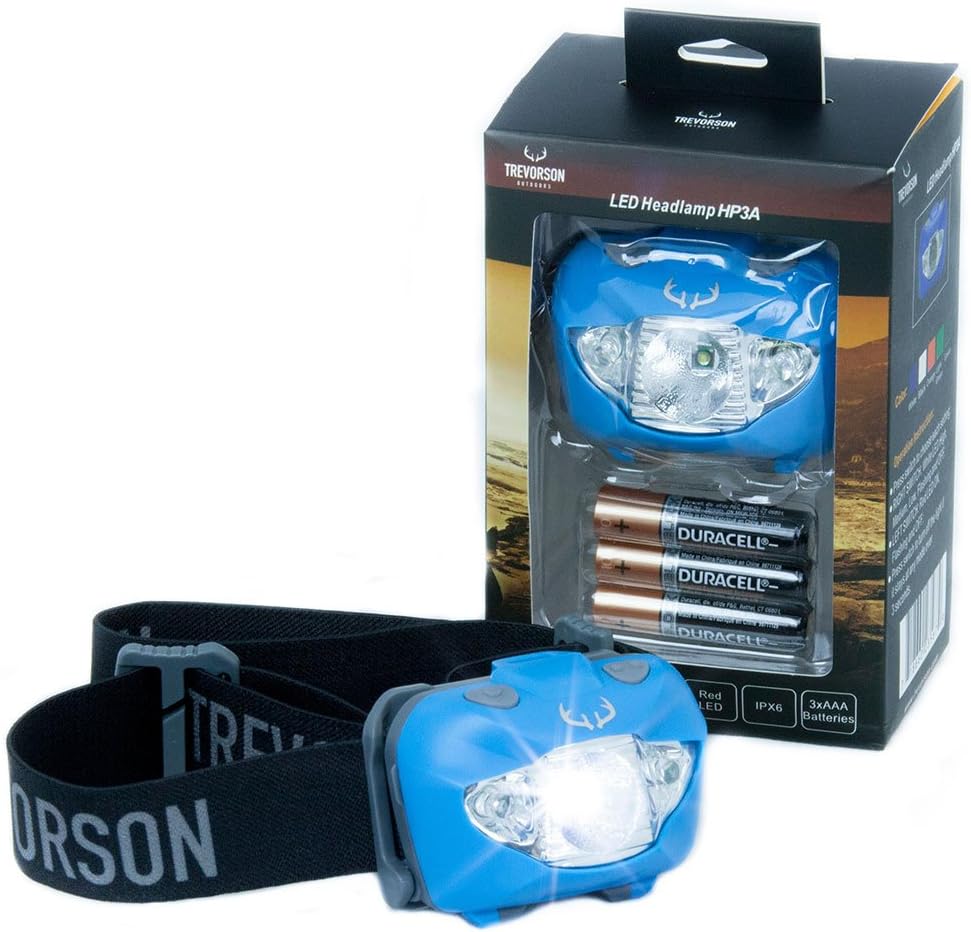 Trevorson High Powered Headlamp with White/Red LED with 6 Modes and 3 Duracell AAA Batteries Included