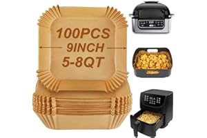 BYKITCHEN Air Fryer Sheets Liners for Ninja AG301 Grill, AF141, Cosori Air Fryer, 9 Inch Square Air Fryer Parchment Paper Filters for 5 to 8 Qt Basket, Ninja Foodi Grill Accessories (Set of 100)