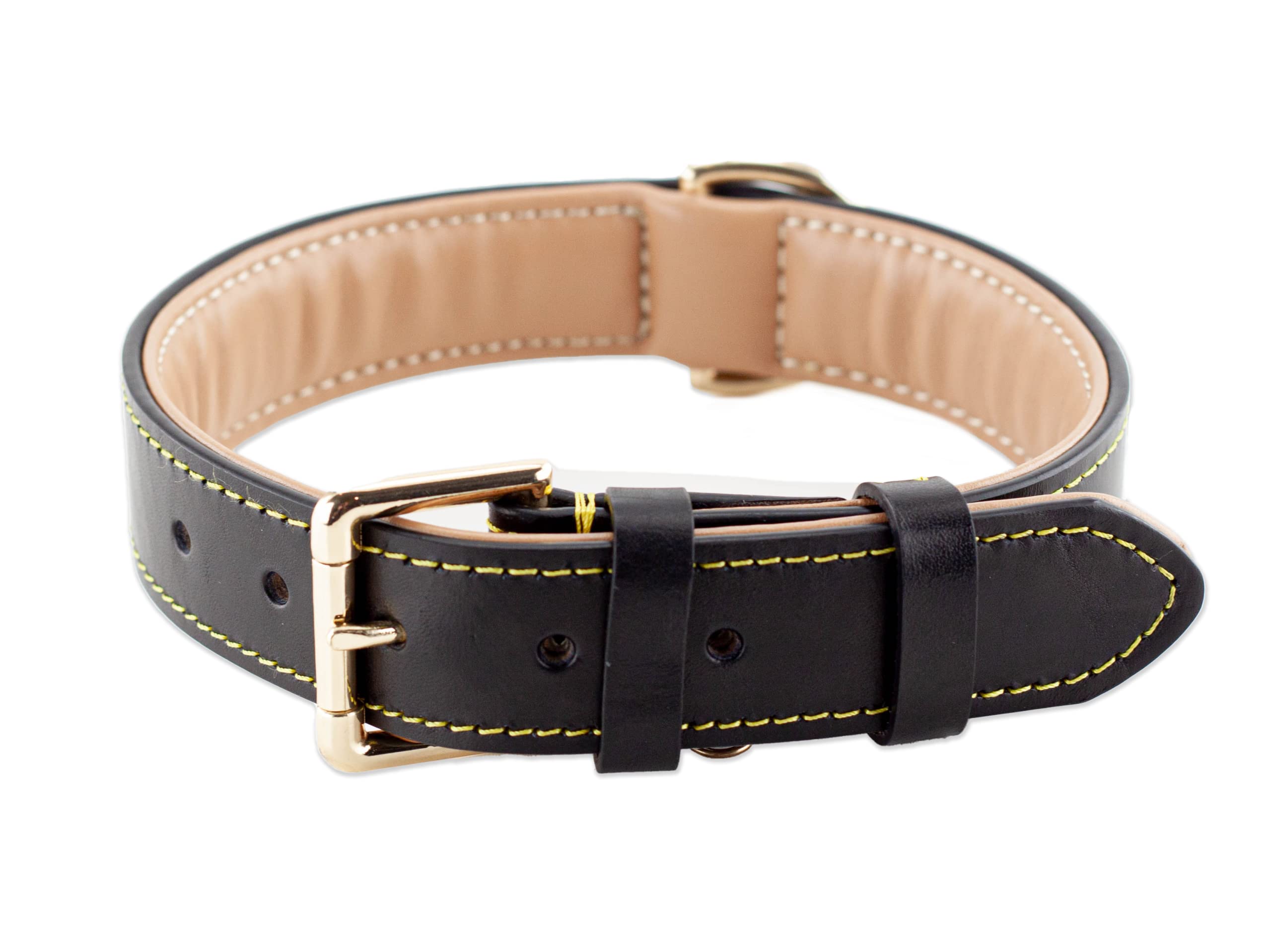 Brute Strength Leather Dog Collar Black with Yellow Stitching XL 56-63 cm