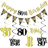 80th Birthday Decorations for Men Women, Black Gold Happy 80th Birthday Banner Hanging Swirls Vintage 1946 Decorations Kit Cheers to 80 Party Supplies