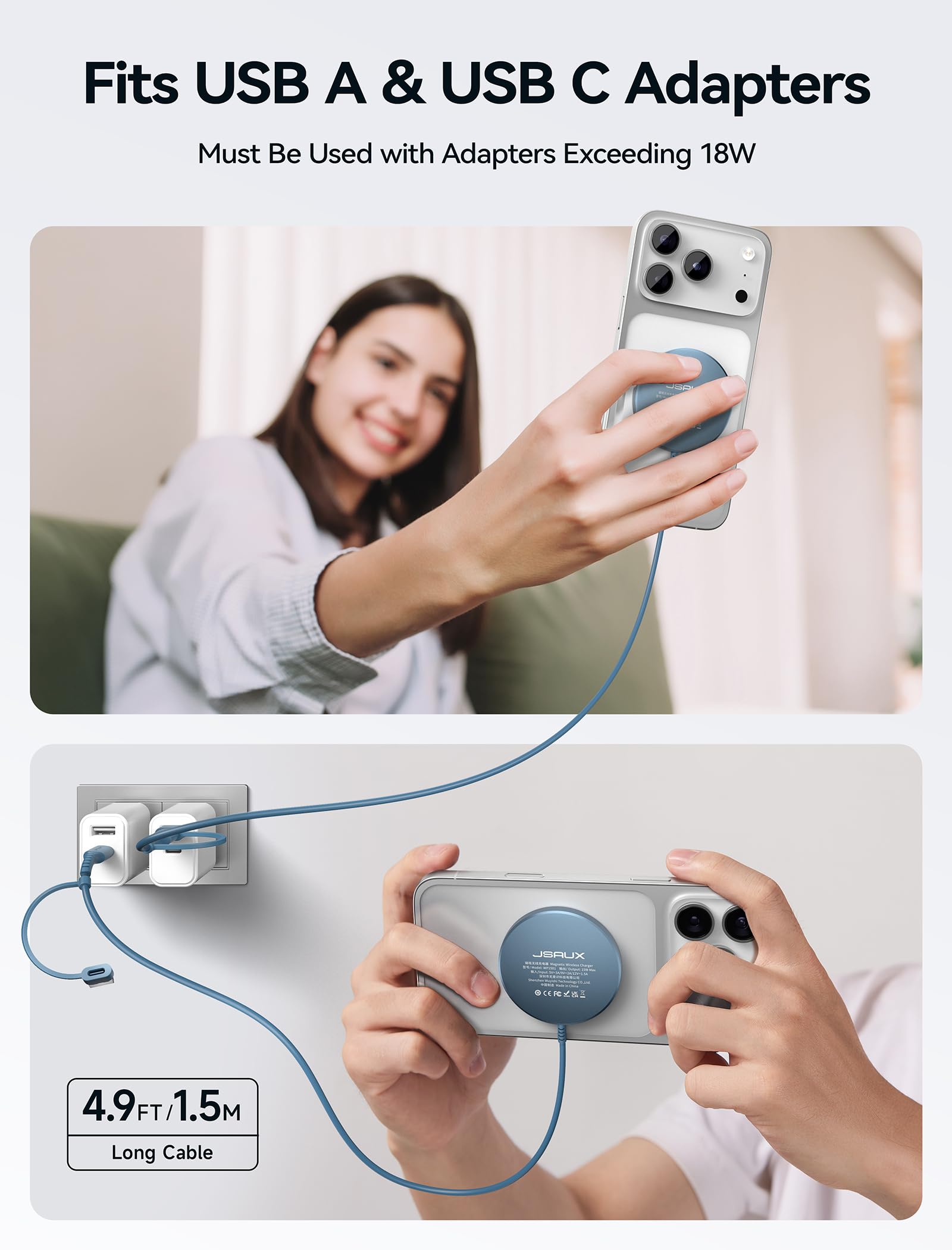 JSAUX Charger for iPhone 17 Magsafe Wireless Charging, Compatible with iPhone 17 Air Pro Max/16/15/14/13/12 Series, Magnetic Mag Safe Charging Pad, Aluminum Alloy, USB & USB C Dual Ports - Blue