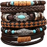 Dreuyet Western Bracelets for Women Men Vintage Bohemian Stackable Turquoise Beaded Leather Bracelet Rustic Cow Head Charm Stretch Bracelet Country Cowboy Cowgirl Jewelry