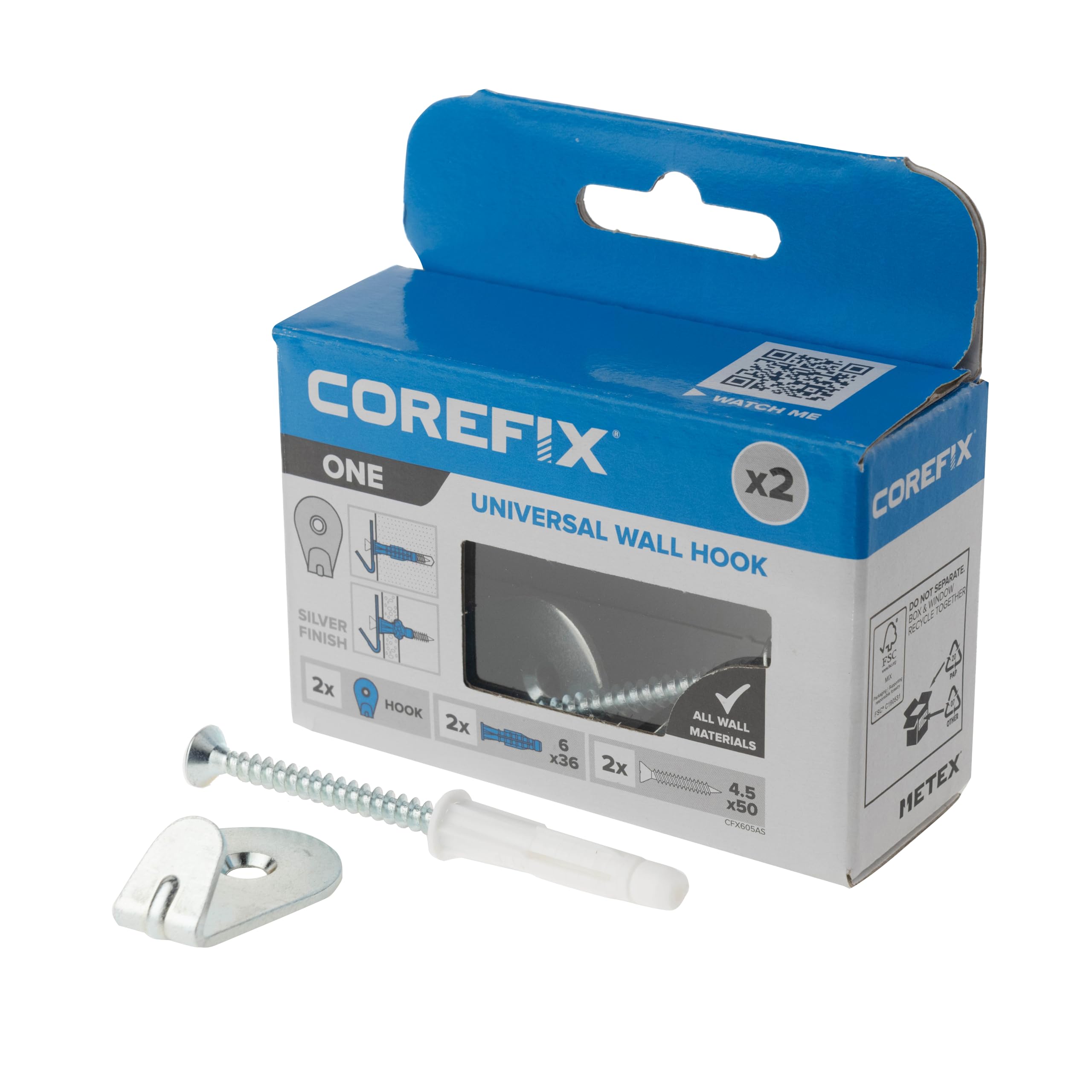 Corefix ONE Wall Hook, Medium Duty Universal Picture Hooks, Wall Hooks for Hanging Frames or Canvas onto Masonry Walls, Timber & Plasterboard. Plasterboard Fixings Kit for Frame Hangers. (Silver)