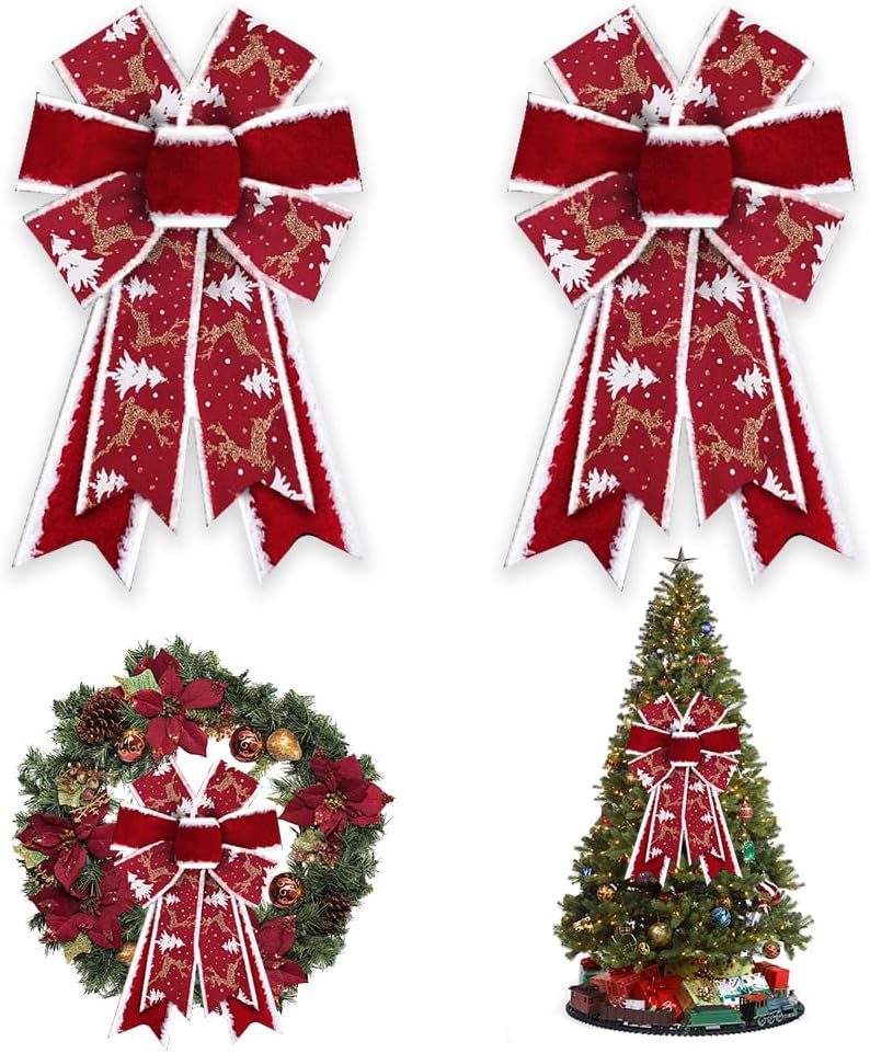 Bows & Ribbons - Threetols 2PCS Christmas Wreath Bows, Red Velvet Bows for Wreath Rustic Farmhouse Bows for Front Door Winter Red Bows Christmas Glitter Deer Tree Bows for New Year Indoor Outdoor Xmas Decorations