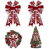 Threetols 2PCS Christmas Wreath Bows, Red Velvet Rustic Farmhouse for Front Door Winter Decorations, Glitter Deer Tree Bow for New Year Indoor Outdoor Xmas