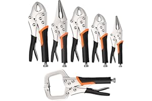 NOEAIKE Locking Pliers Set,6-Pack Vice Grips,5"/7"/10"Curved Jaw Locking Pliers,6-1/2"& 9-1/2" Needle Nose Vise Grips and 6" C-Clamp for welding,Metal Bending,Woodworking