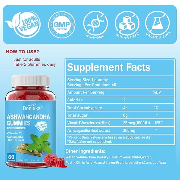 DONLUKA SUPPLEMENT FOR SLEEP, ASHWAGANDHA AND VITAMIN D3 GUMMIES, 120 COUNT, BOOST ENERGY, SUPPORTS CALMNESS, SUPPORTS STEADY ENERGY LEVELS, SUGAR FREE, NON-GMO (2 PACK)