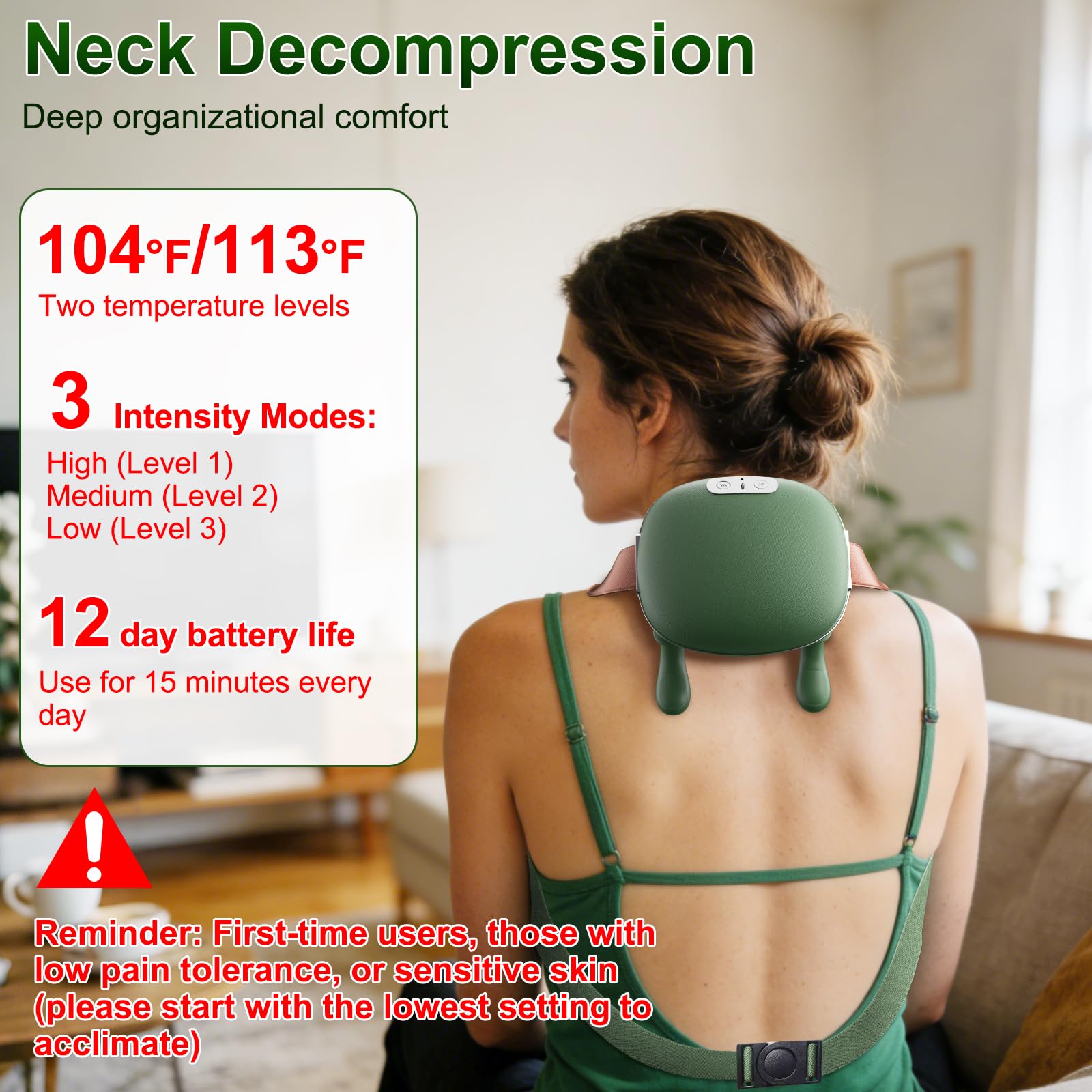 Nooydio Neck Massager, Neck and Back Massager with Heat & 4D Kneading, Shiatsu Deep Tissue Wireless Massager for Shoulder Cervical Pain Relief, Portable Rechargeable for Home Office (Green)