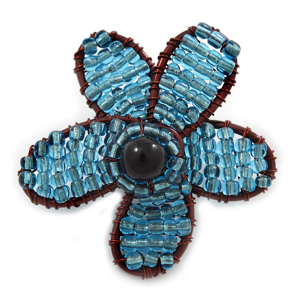 Handmade Light Blue Glass Bead 'Daisy' Brooch In Copper Tone - 55mm Diameter