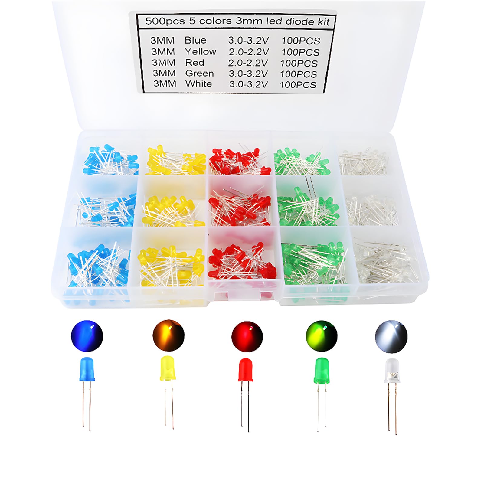 CESFONJER 500 x Pcs 3mm Light Emitting Diode, Diffused 2pin Round Color White/Red/Yellow/Green/Blue Kit Box (5 colors x 100pcs)