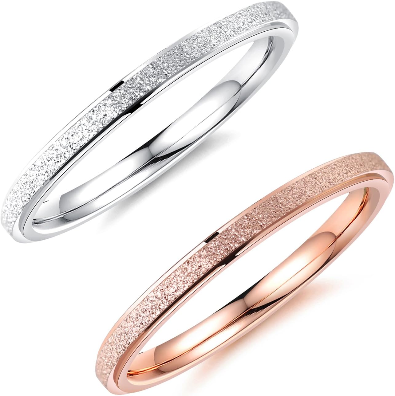 MgTree 2mm Rose Gold and Silver 2PCS a Set Stainless Steel Sand Blast Finish Engagement Rings for Women Girls, Sizes 4 to 10