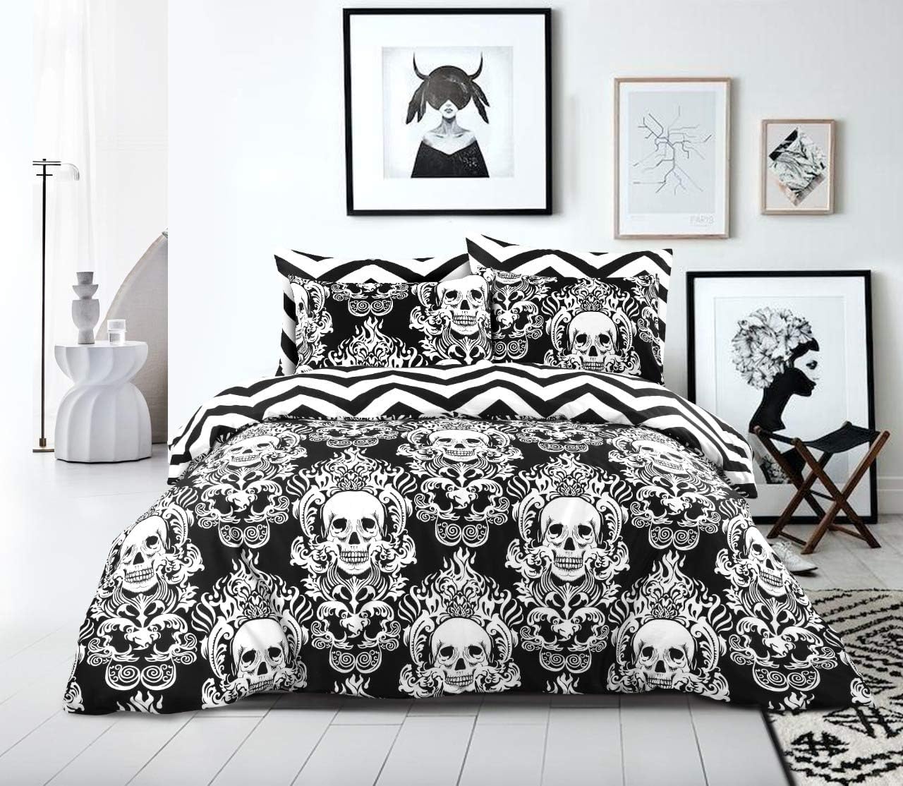 MK Home Textile Super King Size Duvet Cover Set Black Skull Reversible Cotton Bedding White Stripe Quilt Covers with Pillow Cases Double King SuperKing Bed Size Printed Set (Super King, Skull)