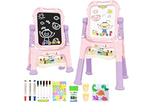 Amagoing Easel for Kids, Adjustable Standing Art Easel for Toddler, Double Magnetic Drawing Board with Painting Accessories, Birthday Christmas Gift for Little Boys Girls, Middle Size (Purple Pink)