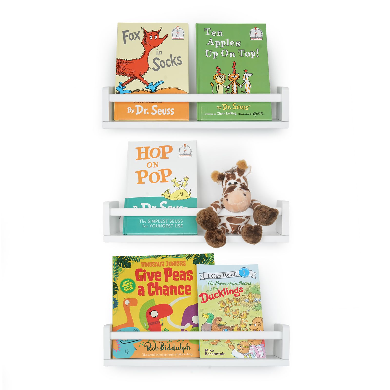 Photo 1 of RANXFLOAT Nursery Book Shelves for Wall, 16.5 Inch Solid Wood Floating Nursery Bookshelf, Wooden Floating Shelves for Toys and Decor Storage, 16.5 Inch Set of 3 White