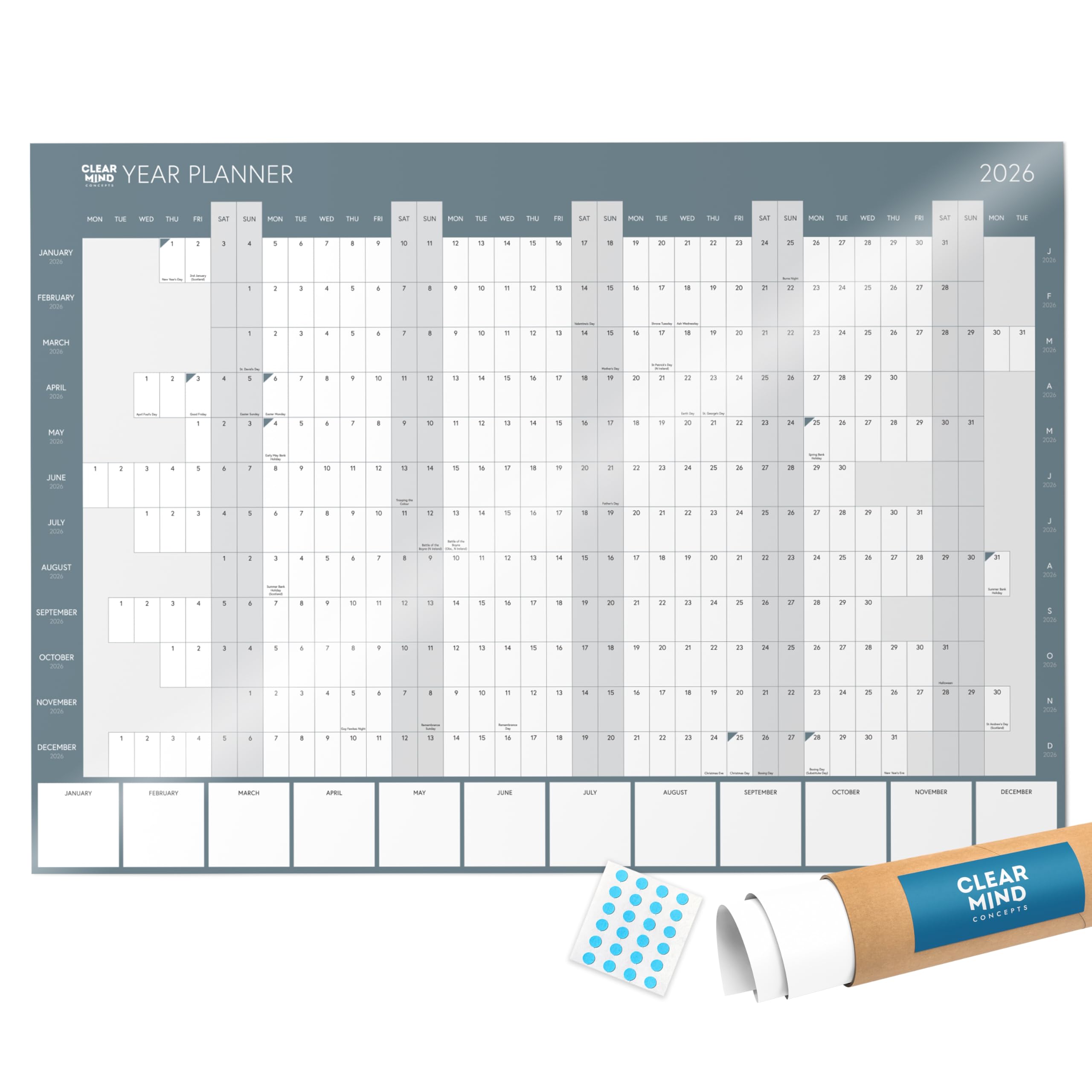 2026 Wall Planner A1 84.1 x 59.4 cm Large Laminated 2026 Year Wall Planner Calendar with UK Bank Holidays, Dry Wipe Annual Wall Chart for Home, Office and Students
