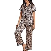 BEAUDRM Women's 2 Piece Stain Pajama Set Leopard Button Front Long Sleeve Cheetah Top and Pants Sleepwear Pjs Set