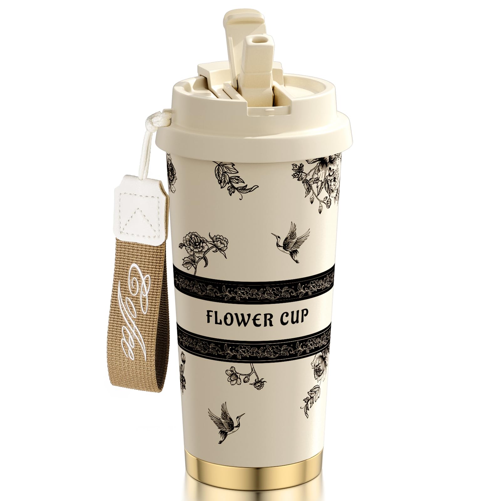 Photo 1 of [2-IN-1 LID] Travel Mug,Coffe mug,Coffe cup,Ceramic coating Lined,316 Stainless Steel,BPA Free,Vacuum Insulated Tumbler for Water, Iced Tea or Coffee, Smoothie and More (Peony-White, 18 Onuces)